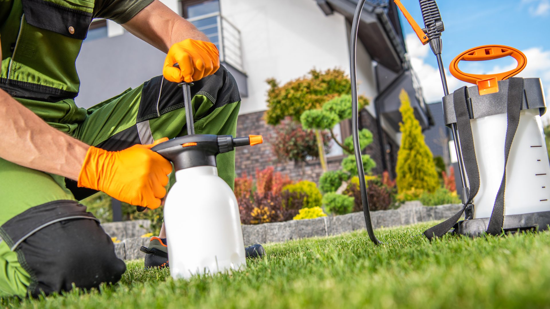 Pest control specialist preparing treatment equipment in a residential yard